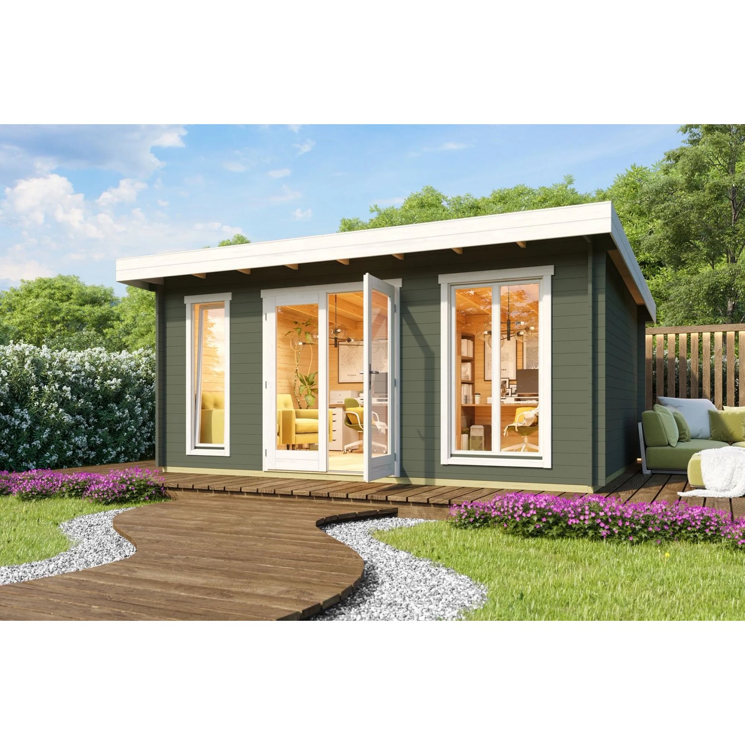 Lasita Holz-Gartenhaus Dorset 3 Flachdach Grau-Grün Lasiert 500 cm x 390 cm