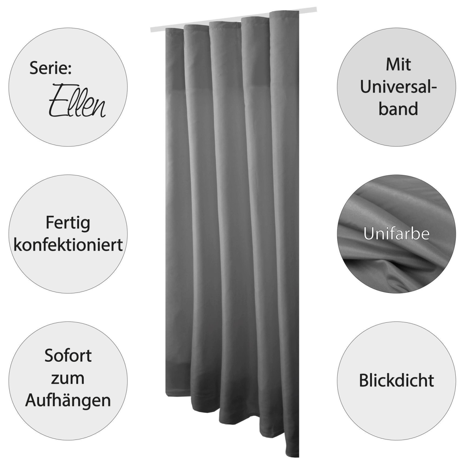 Blickdichter, anthrazitfarbener Dekoschal Ellen 2er-Pack mit Universalband für Fenstervorhänge.