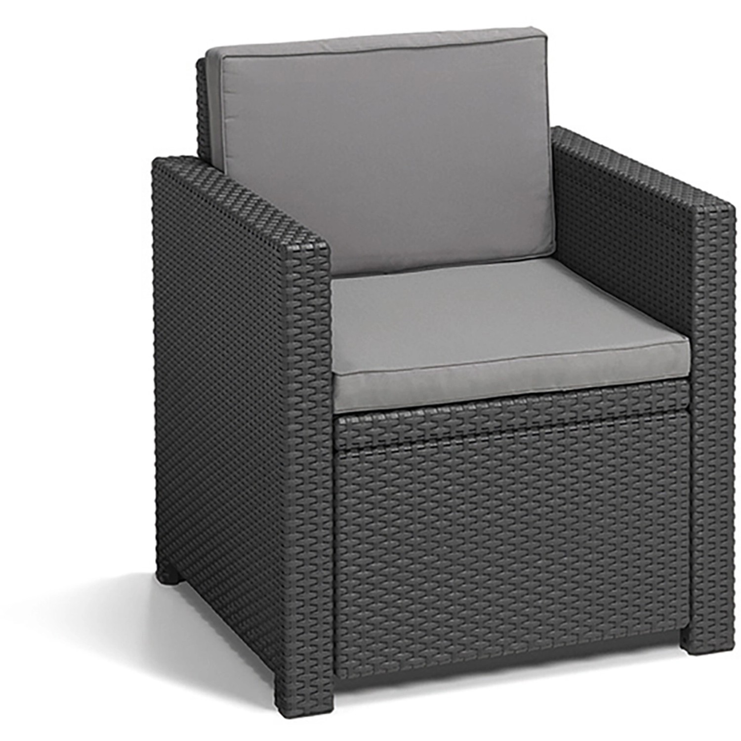 Allibert Loungesessel Monaco, graphitgrau, mit grauen Kissen. Gartenmöbel für Terrasse und Balkon.