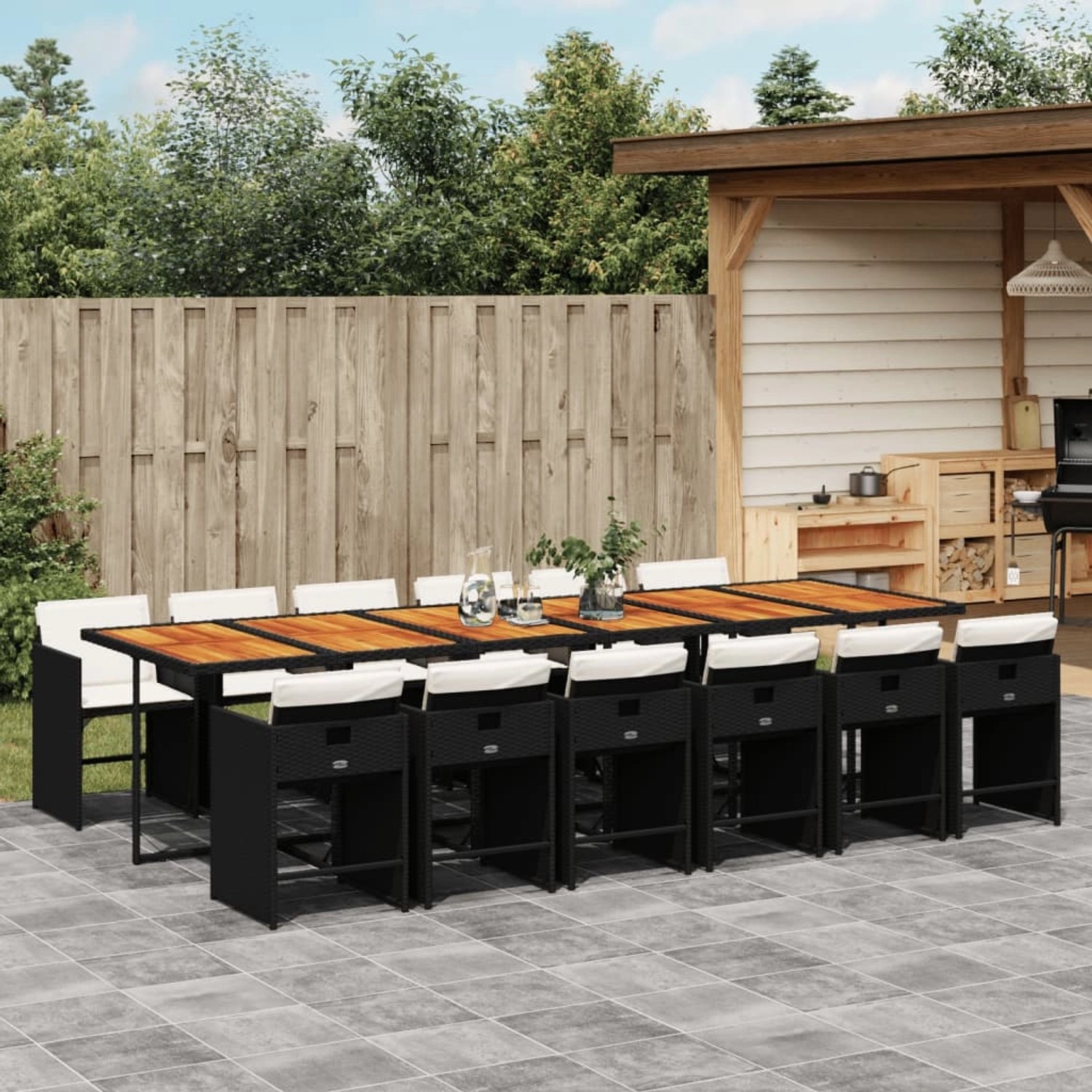 vidaXL 13-tlg Garten-Essgruppe mit Kissen Schwarz Poly Rattan Modell 26