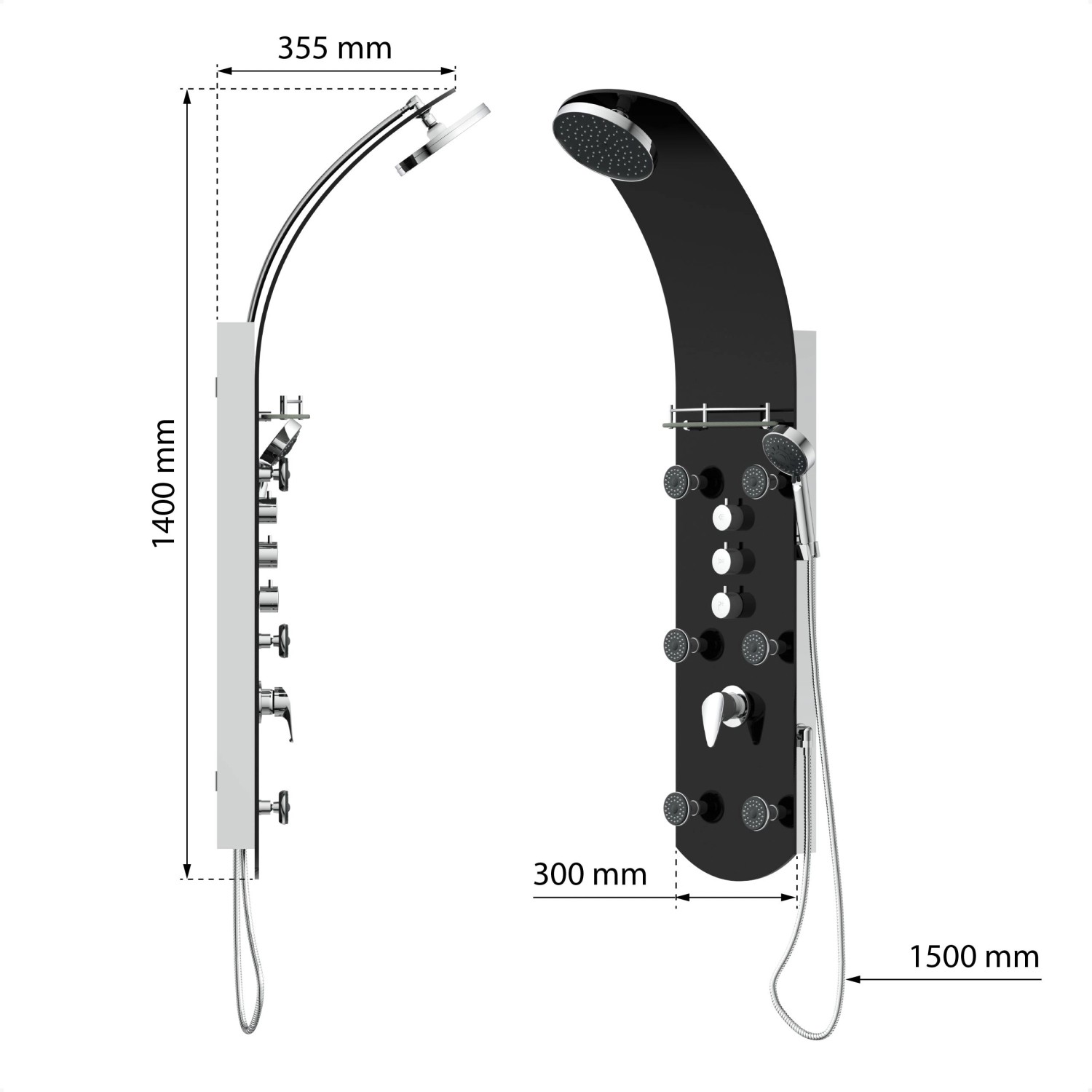 Eisl Duschpaneel Karibik 3in1, schwarz, mit Regendusche, Handbrause und Massagedüsen.