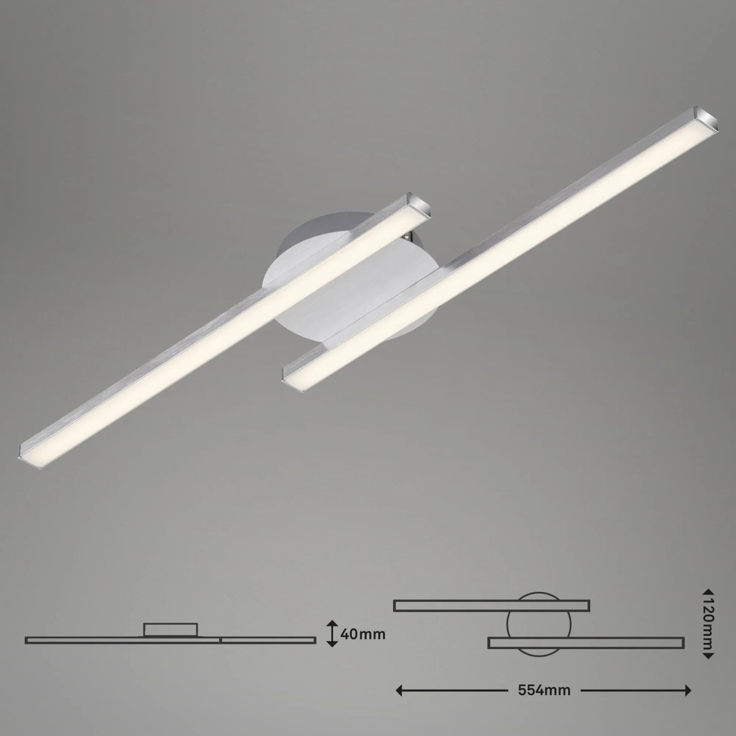 Moderne, silberfarbene LED-Deckenleuchte von Briloner, 12W, warmweißes Licht. Inklusive Maßangaben.