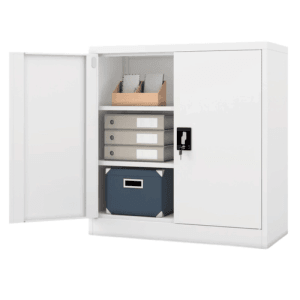 Weißer, abschließbarer DELUKE Aktenschrank KADO mit Flügeltür, 93x90x40 cm, inklusive Inhalt.