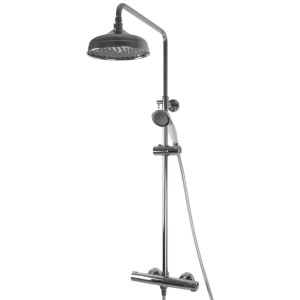 PaulGurkes Retro Duschsystem Aufputz, Thermostat, Kopf- und Handbrause, verchromt.