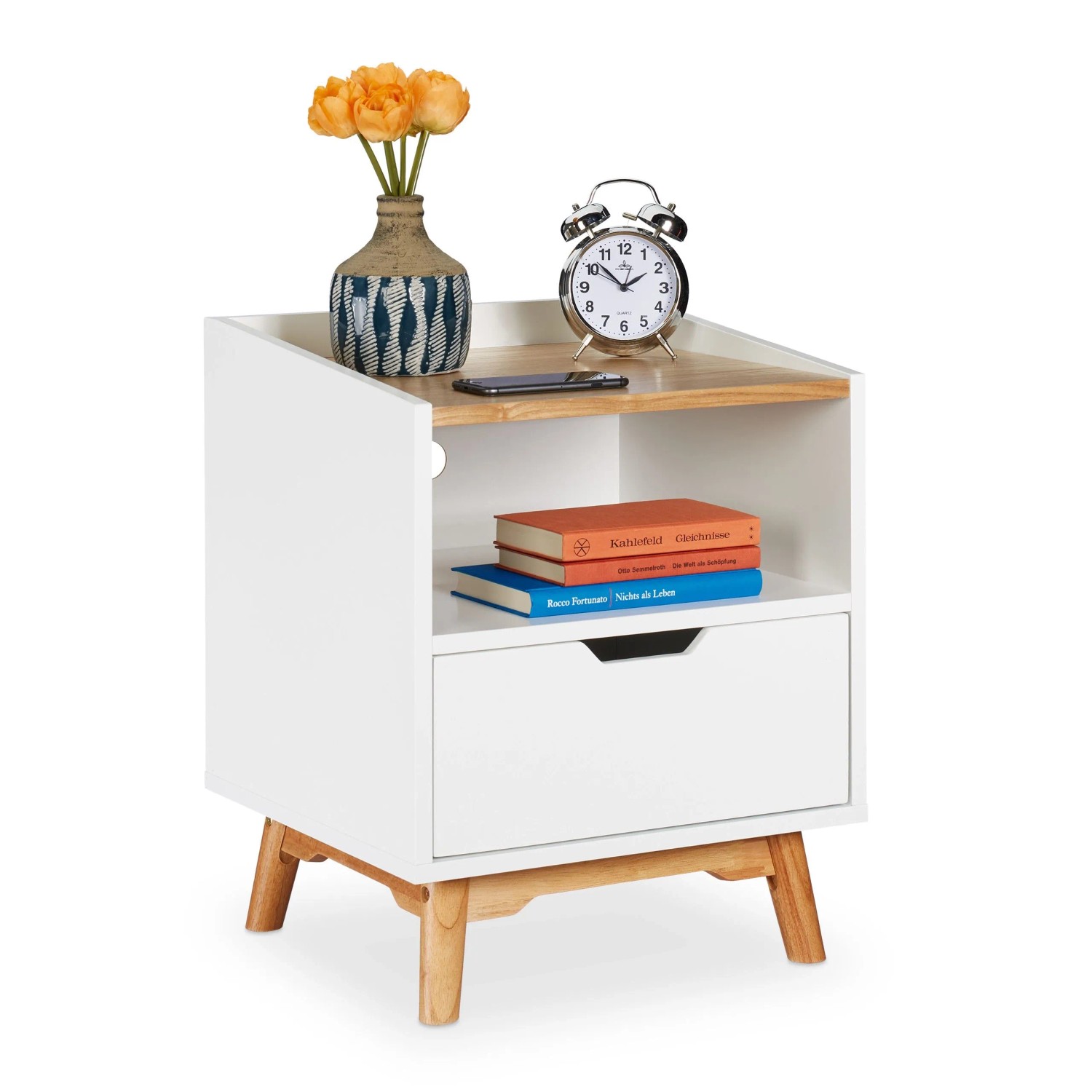 Relaxdays Nachttisch MDF Holz Weiß Natur mit 1 Schublade mit Offenem Fach 50 cm x 43 cm x 40 cm 12,6 kg