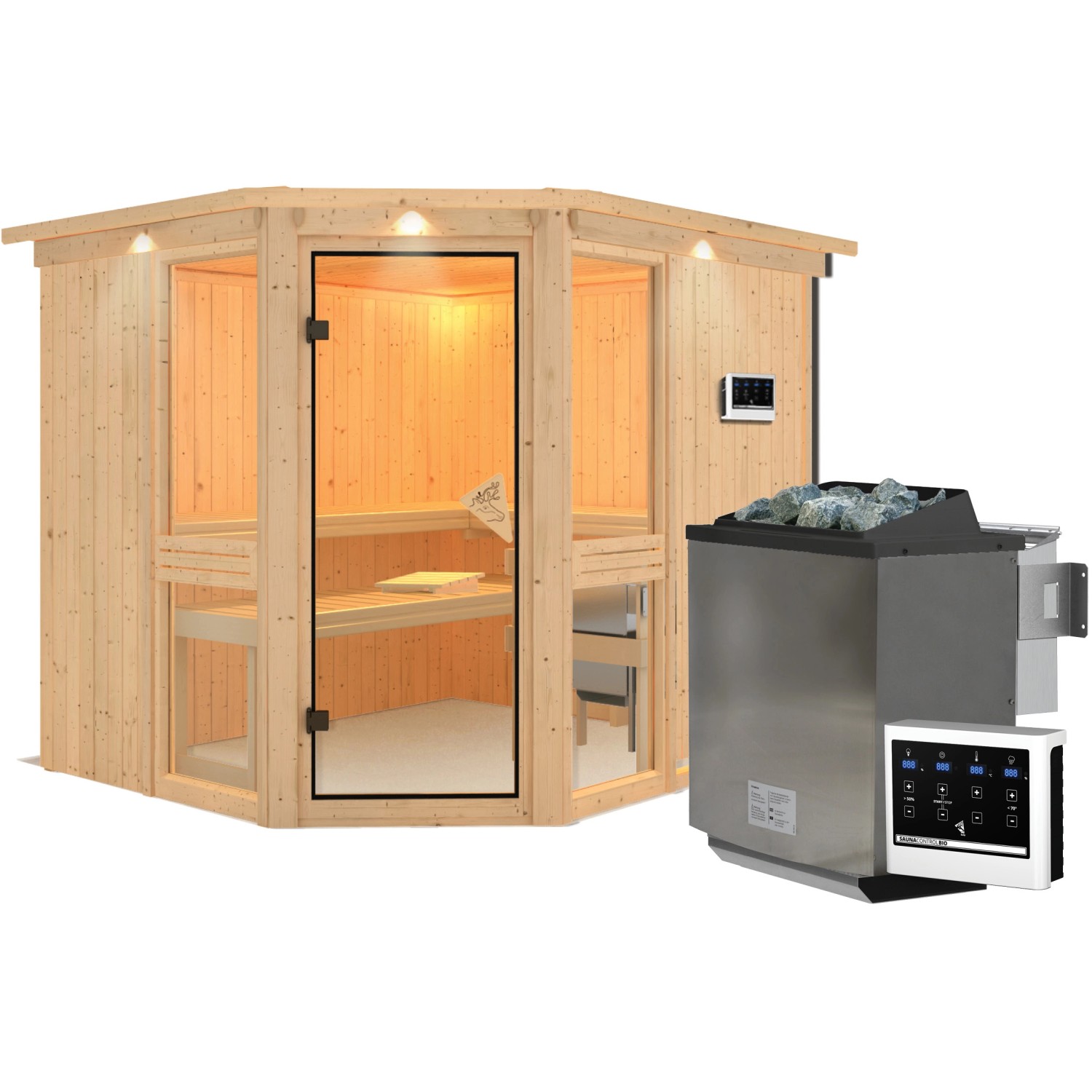 Karibu Sauna Anina 3 mit Bio-Ofen, externer Steuerung und LED-Dachkranz in Natur.
