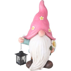 Gartenzwerg mit Laterne, 48cm, pink, aus Polystone. Dekorative Gartendekoration für den Außenbereich.