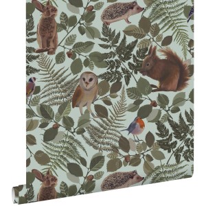 ESTAhome Tapete Waldtiere Mintgrün und Grün 53 cm x 10.05 m