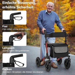 Costway Rollator mit Luftbereifung Faltbar 7-Fach Höhenverstellbar Rot