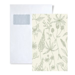 Musterstück der floralen Dekortapete mit Briefumschlag, DIN A4 Format.