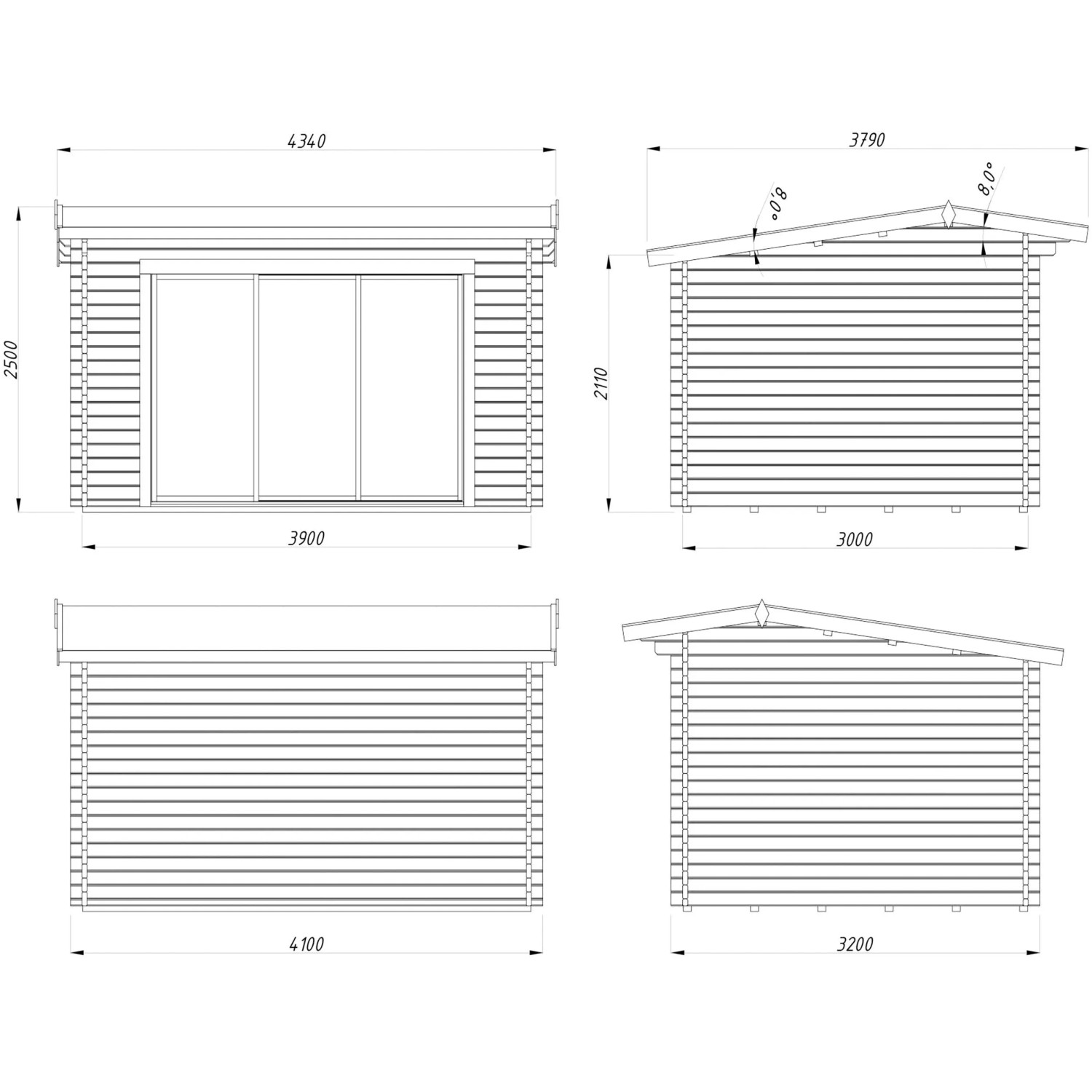 Technische Zeichnung Palmako Gartenhaus Ines Slide, grau, mit Maßen. Holz-Gartenhaus mit Schiebetür.