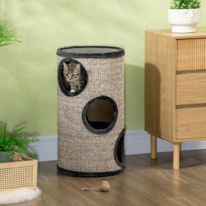PawHut Kratztonne Katzenbaum 70 cm, Sisal, 3 Ebenen, 3 Höhlen. Katze schaut aus Öffnung.