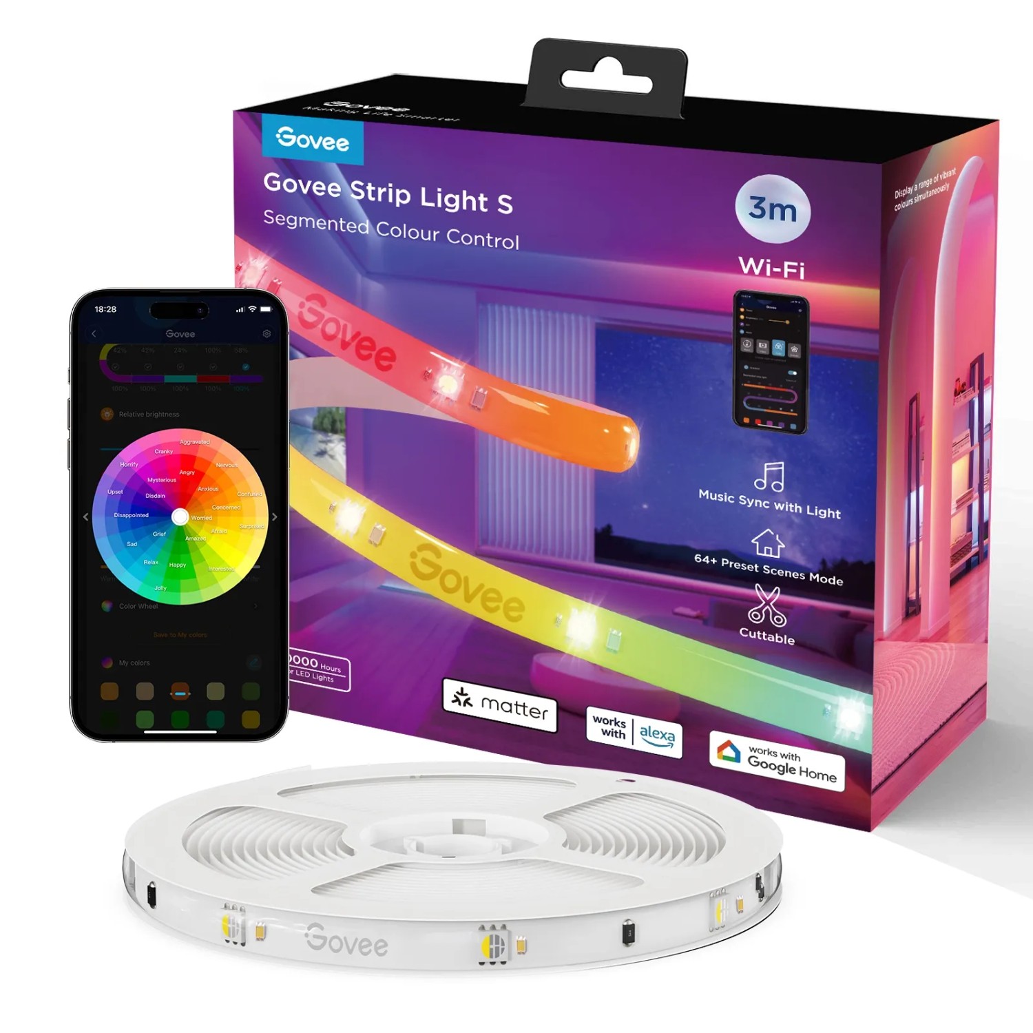 Govee LED-Leuchtband H612F S 3 m mit Verpackung, App-Steuerung und aufgerolltem Band.