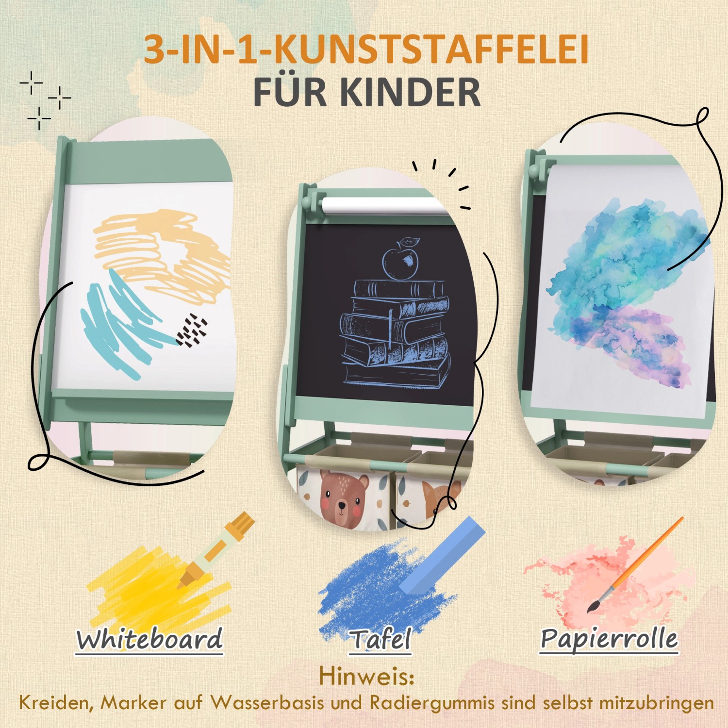 AIYAPLAY Kindertafel 3 in 1: Whiteboard, Kreidetafel und Papierrolle in mintgrün.