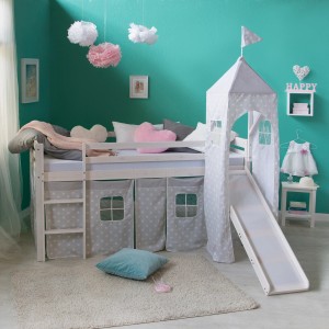 Homestyle4u Hochbett 90x200 mit Vorhang Rutsche und Turm in Weiß Sterne 1886