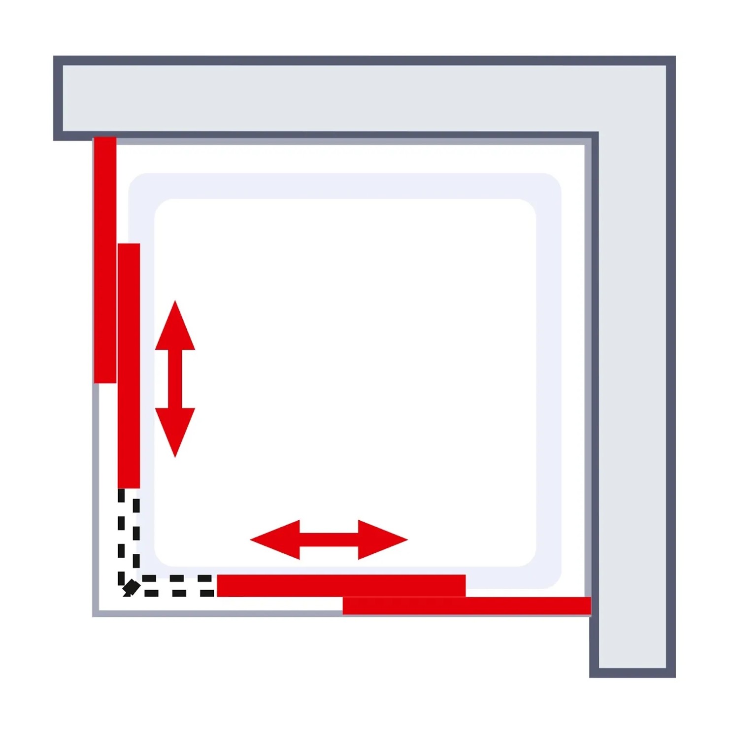 Eckeinstieg Duschkabine Sunny: Schematische Darstellung der Breitenverstellung.