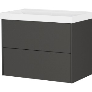 Moderner Germania Waschtisch-Unterschrank in Graphit mit weißem Waschbecken und zwei Schubladen. Badmöbel-Set zur Wandmontage.