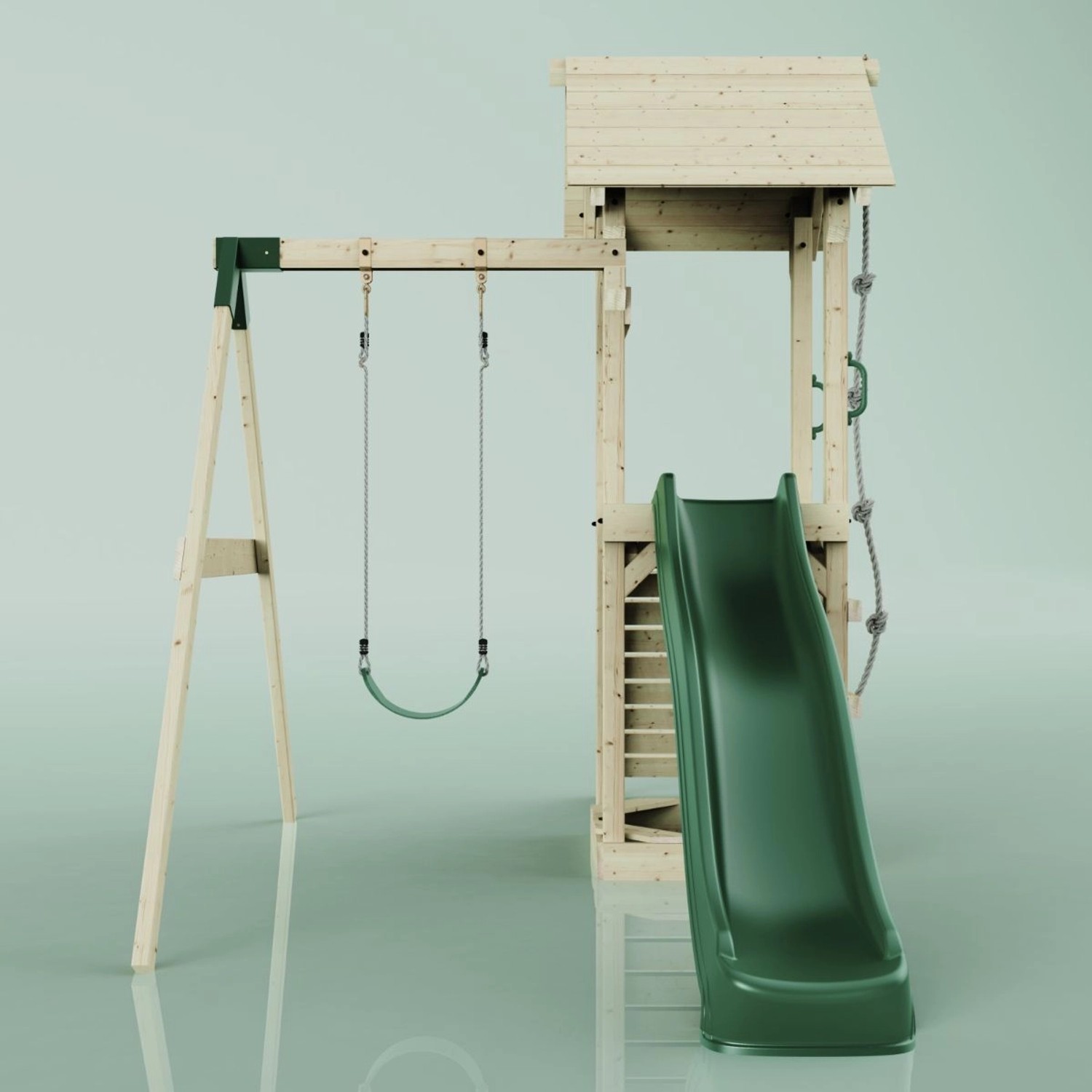 PolarPlay Spielturm Göteborg mit Schaukel, Rutsche in Grün, aus Holz.