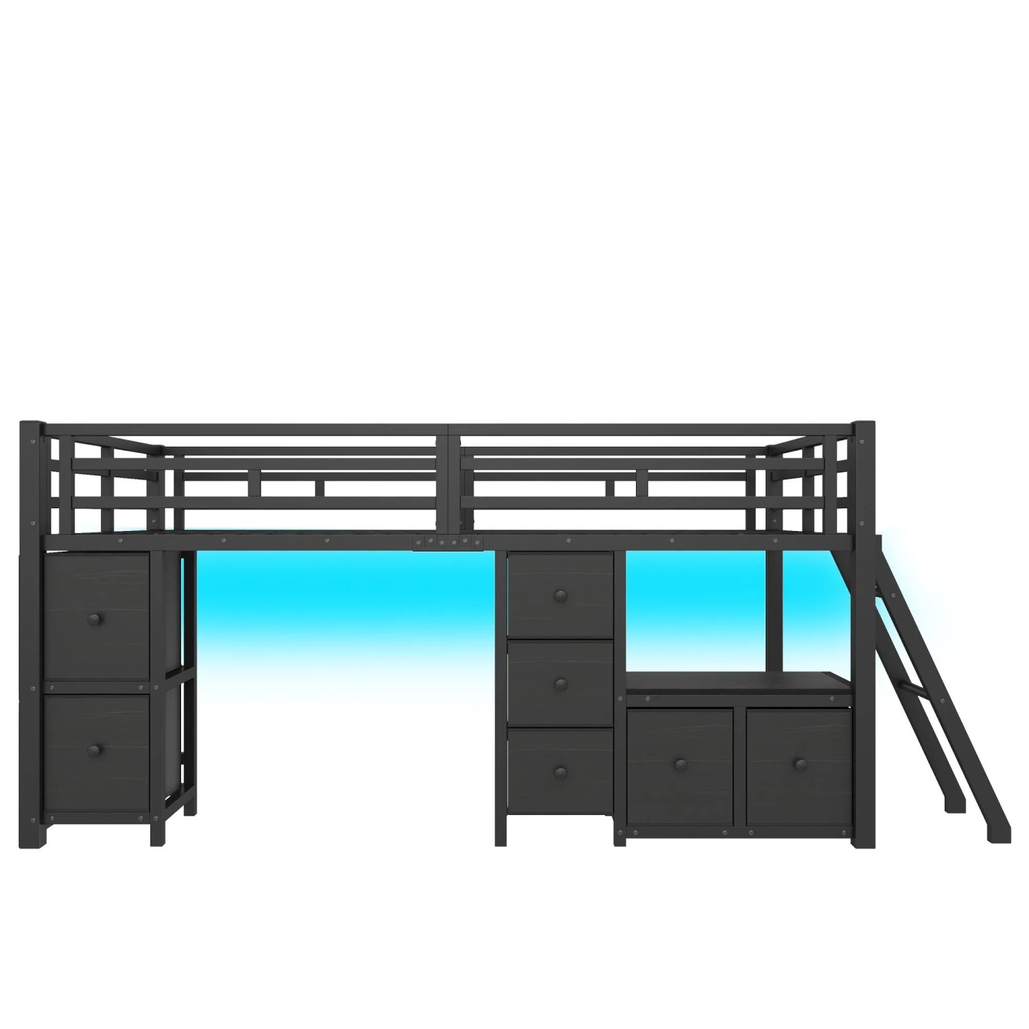 Merax Halbhohes Bett 90x200 cm Mit 7 Schubladen LED Schwarz