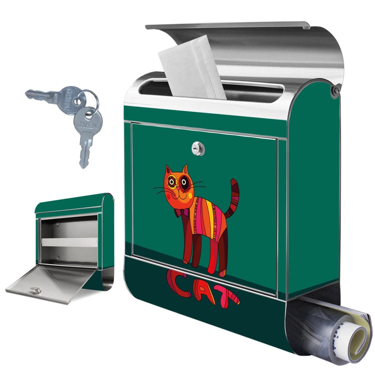 Banjado Edelstahl Briefkasten mit Zeitungsfach und Katzen Motiv in Orange.