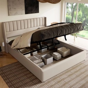 Beiges Polster-Doppelbett 160x200cm mit hydraulischem Lattenrost, offenem Stauraum und Leinenbezug.