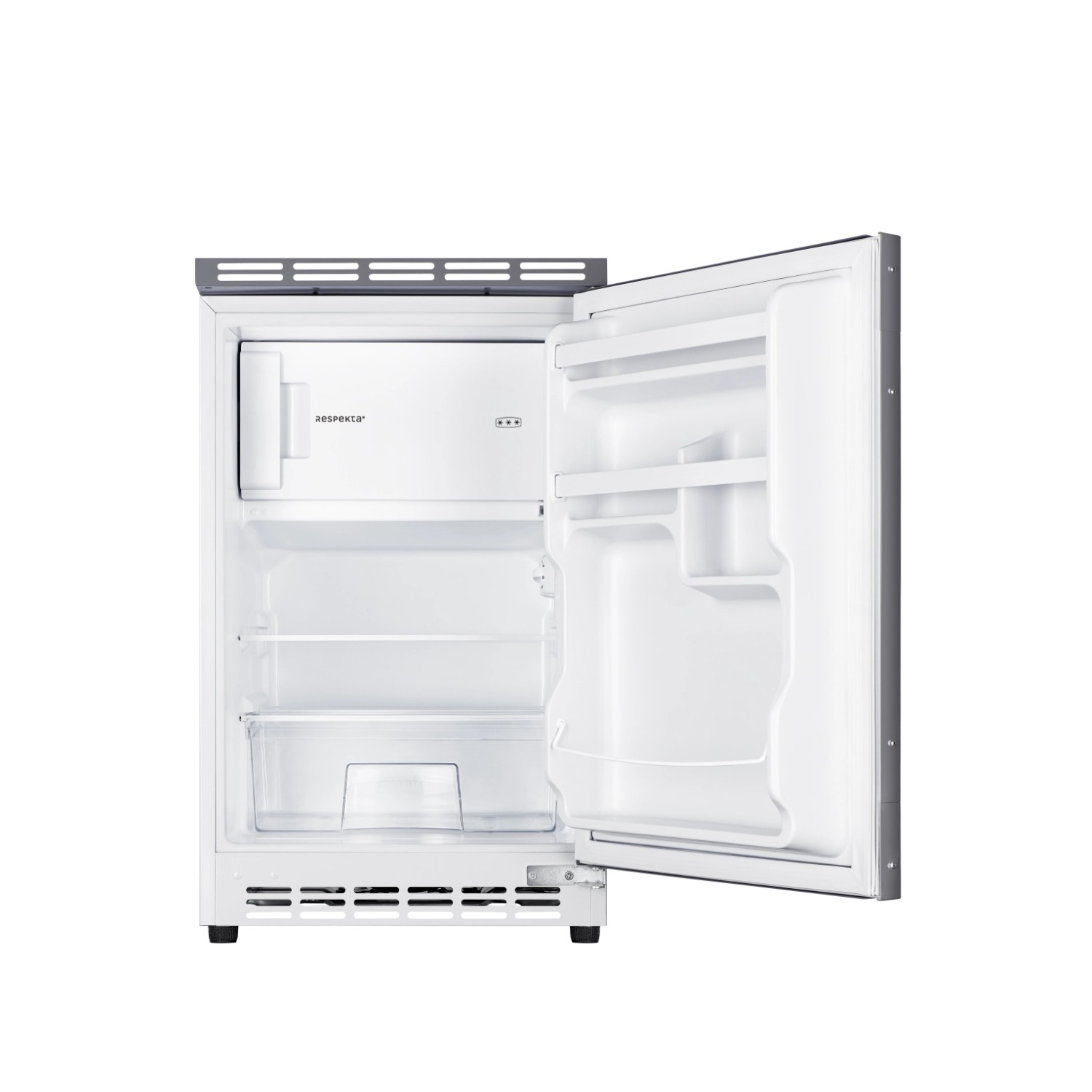 Offener Respekta Einbaukühlschrank mit Gefrierfach, weiße Innenausstattung.