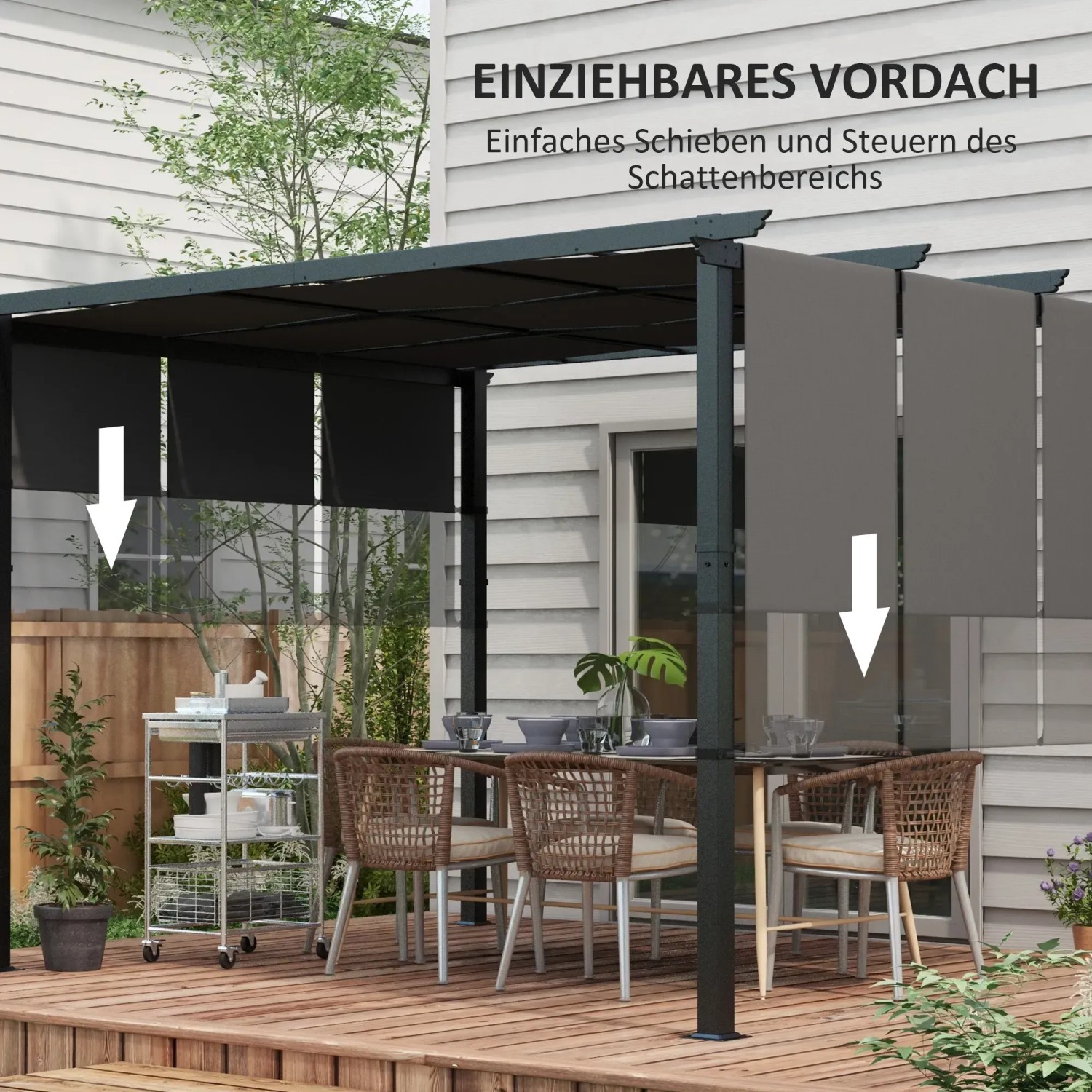 Outsunny Pergola mit Stahlrahmen und dunklem Stoffdach, flexibel einziehbar für optimalen Sonnenschutz.