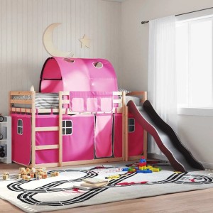 Rosa Etagenbett mit Rutsche und Vorhängen für Kinderzimmer. Abenteuerbett aus Kiefernholz.