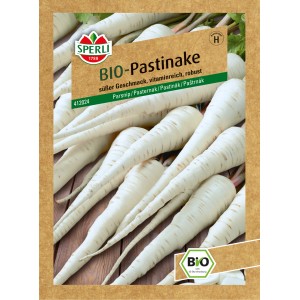 Samenpackung Sperli Bio Pastinake: Cremeweiße Wurzeln auf der Packung abgebildet.