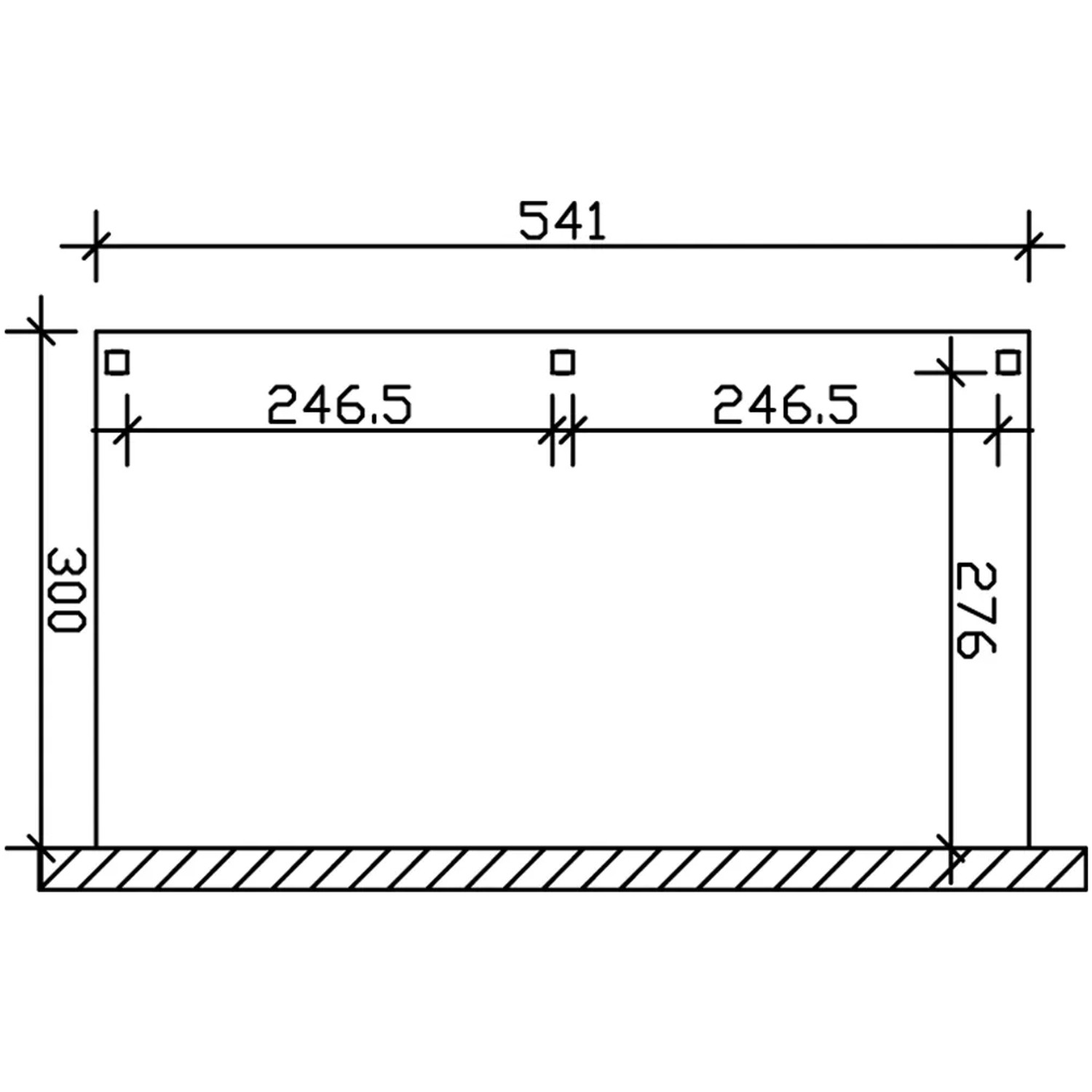Technische Zeichnung des Skan Holz Carport Vogtland 300x541 cm, Eiche hell, mit Maßangaben.