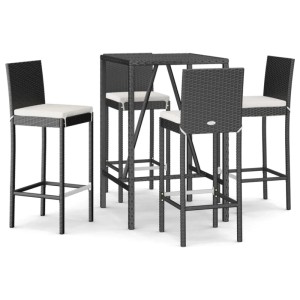 vidaXL Gartenbar-Set, 5-teilig, schwarz, Poly Rattan. Gartentisch mit 4 Barhockern und Kissen.