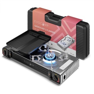 Evocamp Camping Gaskocher 2-flammig mit Grillaufsatz und Transportkoffer.