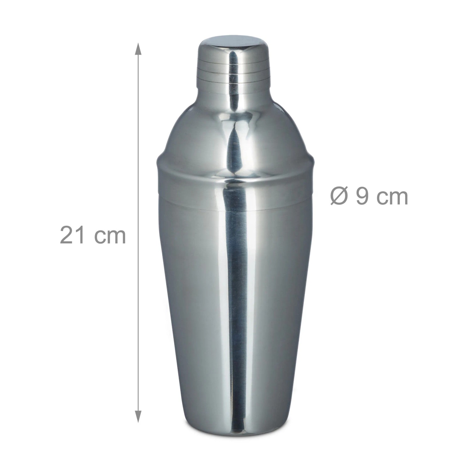 Glänzender Edelstahl Cocktailshaker, 21 cm hoch, 9 cm Durchmesser. Teil eines 5-teiligen Bar-Sets für Mixgetränke.