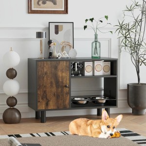 Costway Hunde Futterschrank mit 2 Edelstahlnäpfen Braun