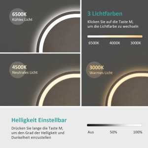 Emke Badspiegel Oval 80x60 cm mit 3 Lichtfarben und Dimmfunktion, Detailansicht der Lichtfarben.