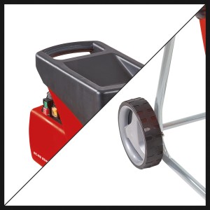 Einhell GC-RS 2540 Elektro-Leisehäcksler: Detailansicht Trichter, Bedienelemente und Rad.