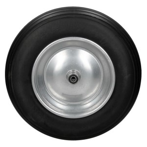 Schwarzes Schubkarrenrad aus PU Vollgummi mit silberner Stahlfelge, pannensicher, Ø350x80 mm. Ideal für Schubkarren & Sackkarren.