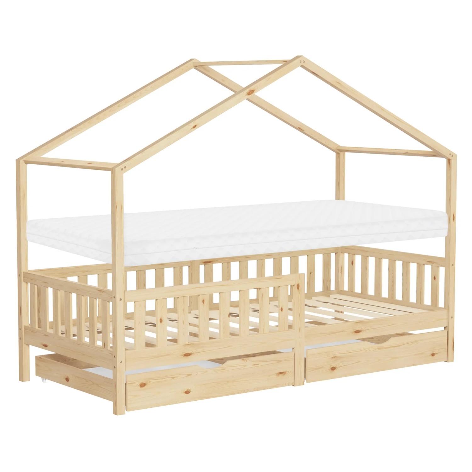 ML-Design Hausbett mit Matratze 90x200 cm & 2 Schubladen Natur Kiefer