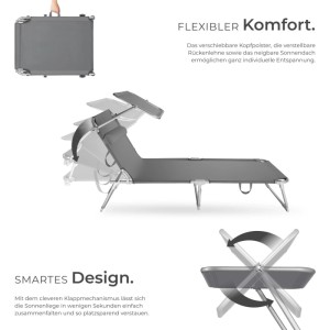 Graue Tectake Gartenliege Chloé mit Sonnendach, klappbar und verstellbar. Ideal für Garten und Balkon.