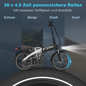 Schwarz-weißes HITWAY BK10S1 E-Bike mit 20x4.0 Zoll pannensicheren Breitreifen für Schnee, Berge, Stadt, Sand. Faltbares E-Fahrrad mit Licht.