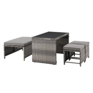 Grau meliertes 2in1 Polyrattan Gartenmöbel Set Jamaika mit Tisch, Bank und Hockern.