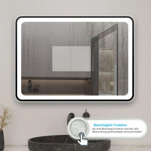 Schwarzer Aica Badspiegel 70x50 cm mit LED-Beleuchtung und Touch-Funktion.