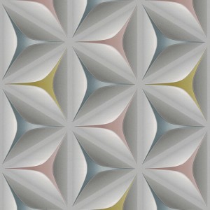 Dekorative Vliestapete mit grafischem 3D-Muster in Grau, Weiß, Rosa, Hellblau und Gelb. Retro-Stil.
