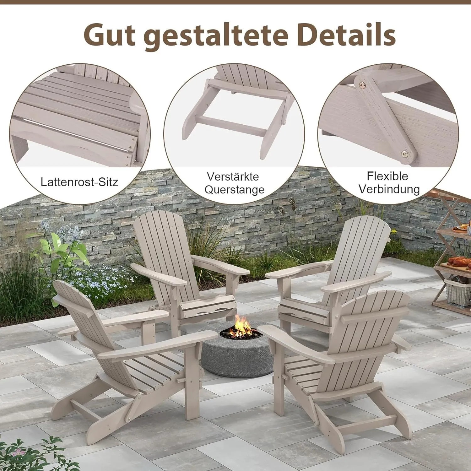 Graue Costway Adirondack Holzstühle um eine Feuerstelle im Garten.