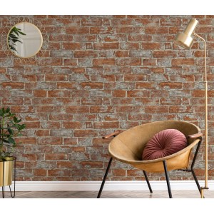 Erismann Vliestapete Imitations 2 Steinoptik Rot, rote Backsteinwand im Wohnraum.