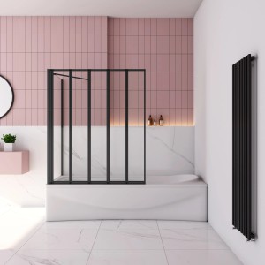 AICA 5-teilige Badewannenfaltwand 120x140cm mit 75cm Seitewand, schwarzer Rahmen.