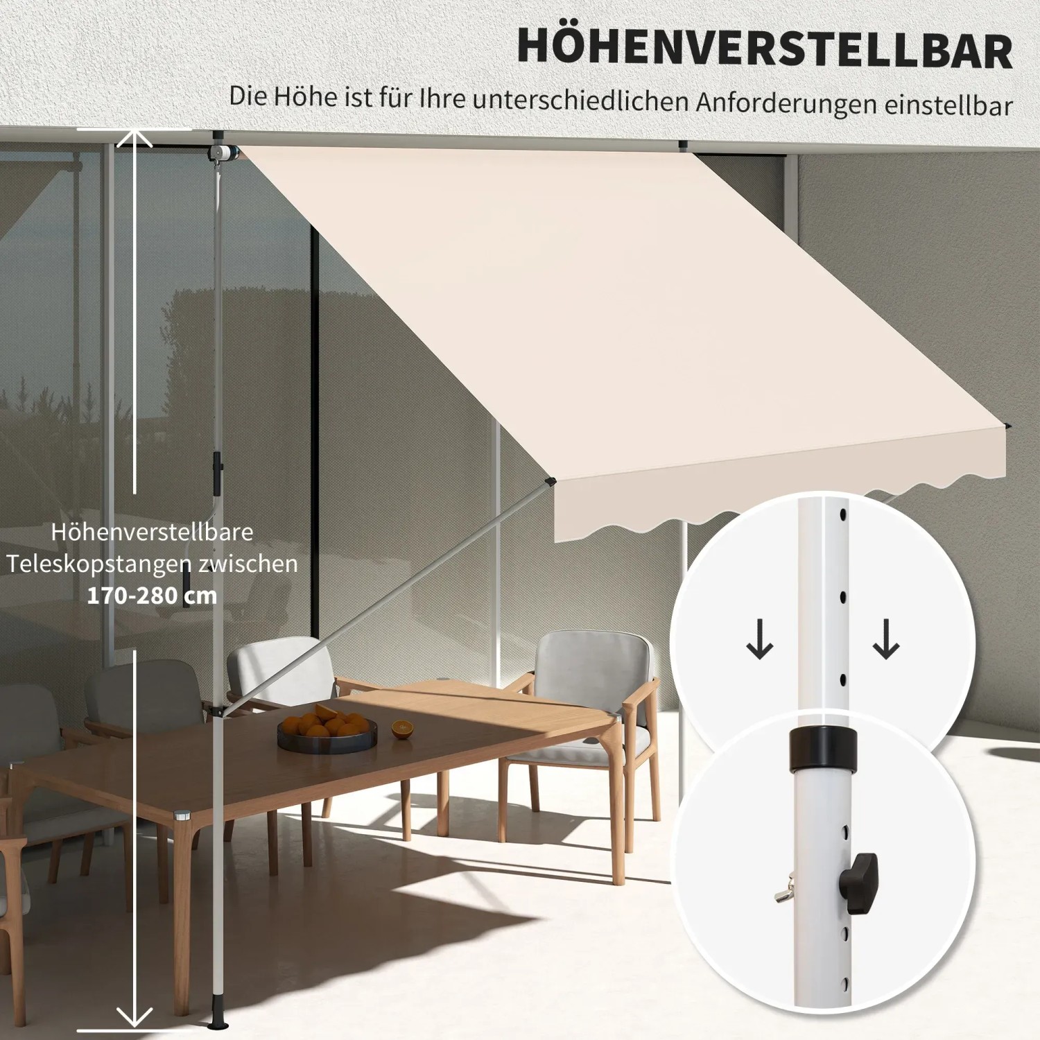 Beige Klemmmarkise von Outsunny mit verstellbaren Teleskopstangen für Terrasse oder Balkon.
