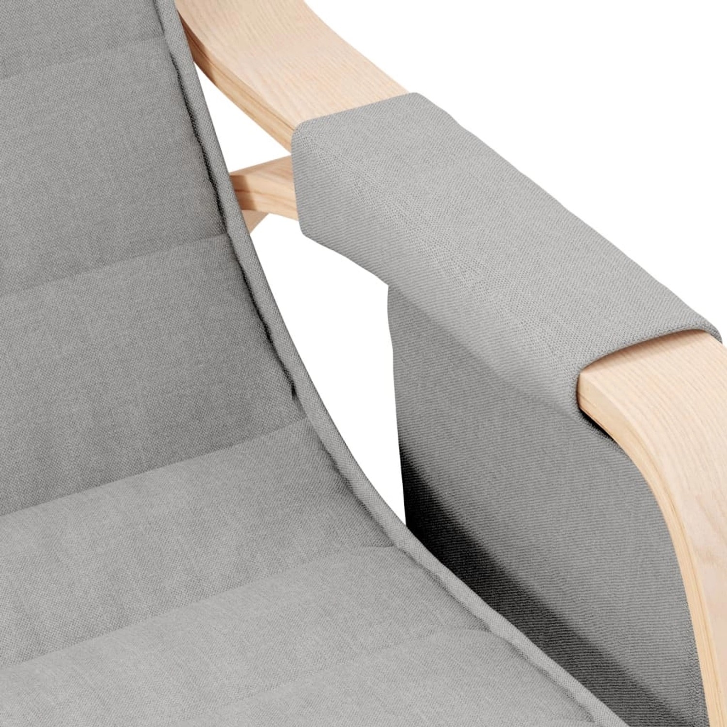 Detailansicht: Hellgrauer vidaXL Schaukelstuhl mit Stoffbezug und Armlehne aus Birkenholz.