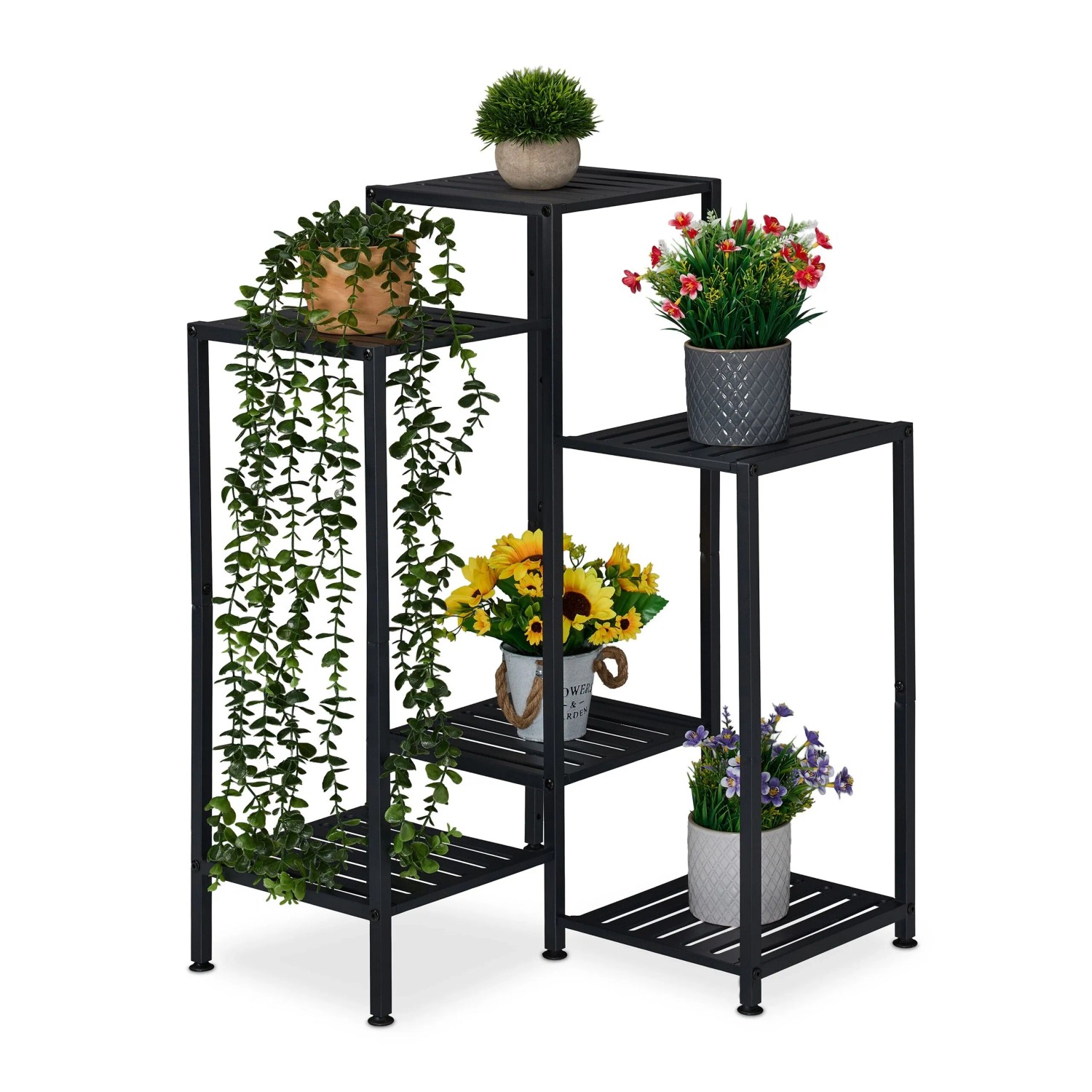 Relaxdays Blumenregal Stahl Schwarz 6 Ablagen Höhenverstellbar 81 cm x 55 cm x 55 cm 3,6 kg