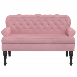 Rosa Samt Sitzbank mit Rückenlehne, Knopfheftung und dunklen Holzfüßen. Elegante Garderobenbank.